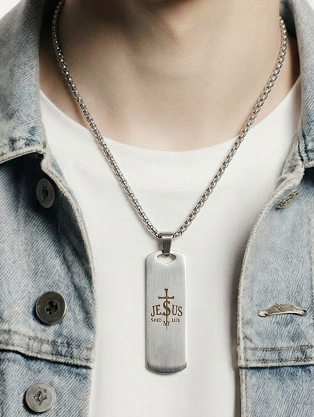 Faith Dog Tag Necklace Stainless Steel “Jesus Saved My Life” Unisex Cross 24"